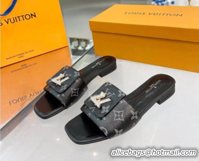 Best Louis Vuitton Monogram Canvas Flat Slide Sandals with Foldover Crystals LV Black 1013007