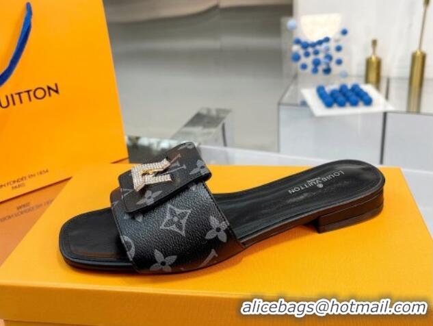 Best Louis Vuitton Monogram Canvas Flat Slide Sandals with Foldover Crystals LV Black 1013007