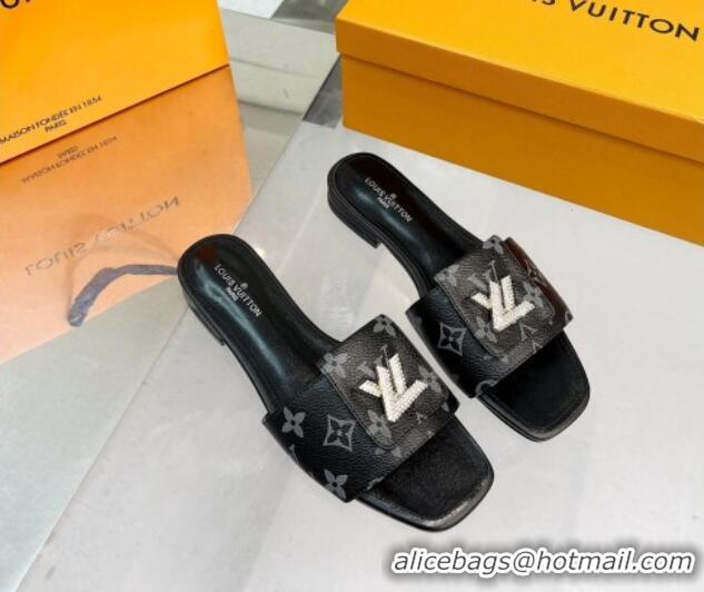 Best Louis Vuitton Monogram Canvas Flat Slide Sandals with Foldover Crystals LV Black 1013007