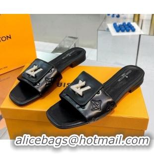 Durable Louis Vuitton Monogram Leather Flat Slide Sandals with Foldover Crystals LV Black 1013008