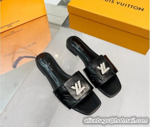 Durable Louis Vuitton Monogram Leather Flat Slide Sandals with Foldover Crystals LV Black 1013008