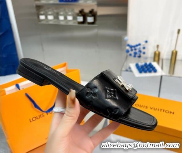 Durable Louis Vuitton Monogram Leather Flat Slide Sandals with Foldover Crystals LV Black 1013008