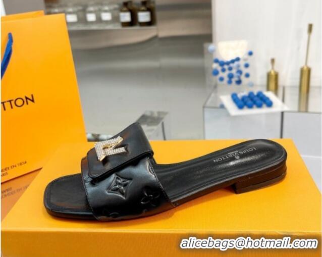 Durable Louis Vuitton Monogram Leather Flat Slide Sandals with Foldover Crystals LV Black 1013008