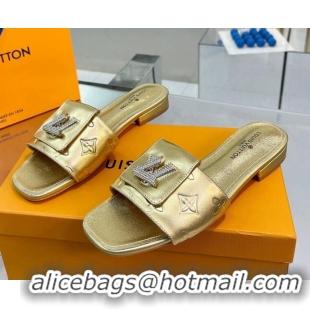 New Style Louis Vuitton Monogram Leather Flat Slide Sandals with Foldover Crystals LV Gold 1013009