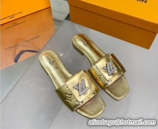 New Style Louis Vuitton Monogram Leather Flat Slide Sandals with Foldover Crystals LV Gold 1013009