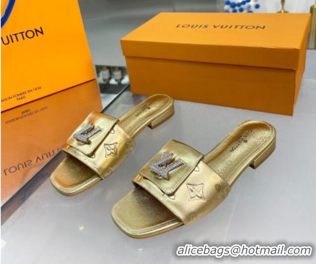 New Style Louis Vuitton Monogram Leather Flat Slide Sandals with Foldover Crystals LV Gold 1013009