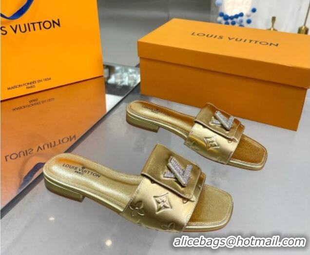 New Style Louis Vuitton Monogram Leather Flat Slide Sandals with Foldover Crystals LV Gold 1013009