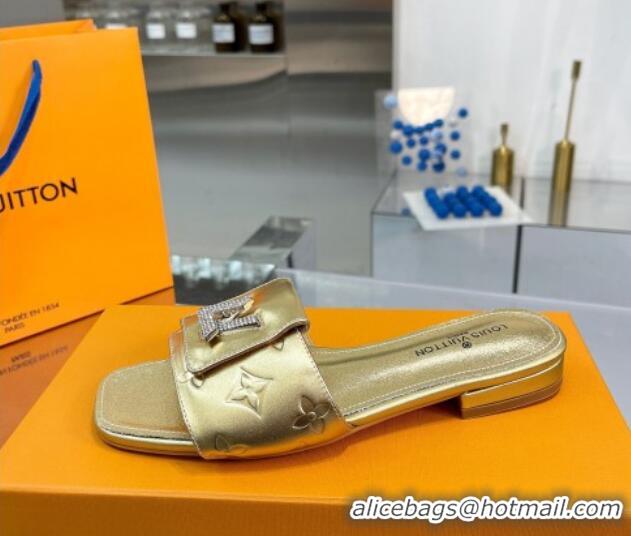 New Style Louis Vuitton Monogram Leather Flat Slide Sandals with Foldover Crystals LV Gold 1013009