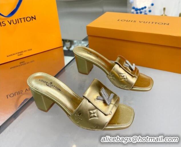 Top Quality Louis Vuitton Monogram Leather Heel Slide Sandals with Foldover Crystals LV Gold 1013010