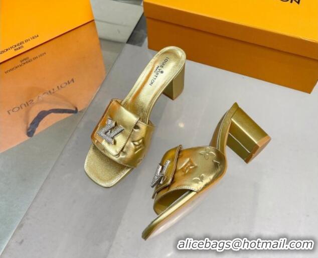 Top Quality Louis Vuitton Monogram Leather Heel Slide Sandals with Foldover Crystals LV Gold 1013010