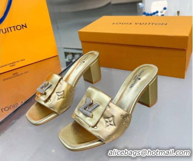 Top Quality Louis Vuitton Monogram Leather Heel Slide Sandals with Foldover Crystals LV Gold 1013010