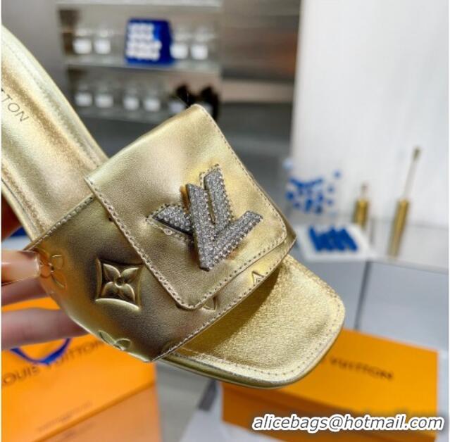 Top Quality Louis Vuitton Monogram Leather Heel Slide Sandals with Foldover Crystals LV Gold 1013010