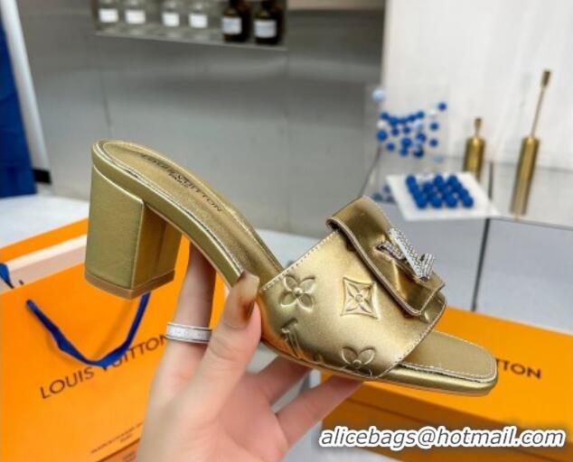 Top Quality Louis Vuitton Monogram Leather Heel Slide Sandals with Foldover Crystals LV Gold 1013010