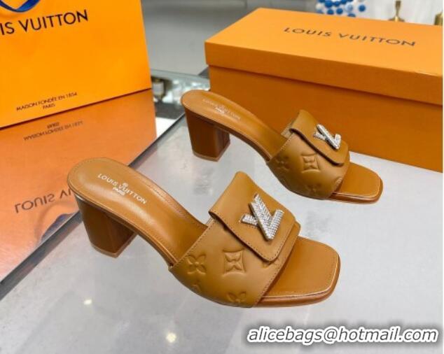 Good Product Louis Vuitton Monogram Leather Heel Slide Sandals with Foldover Crystals LV Brown 1013011