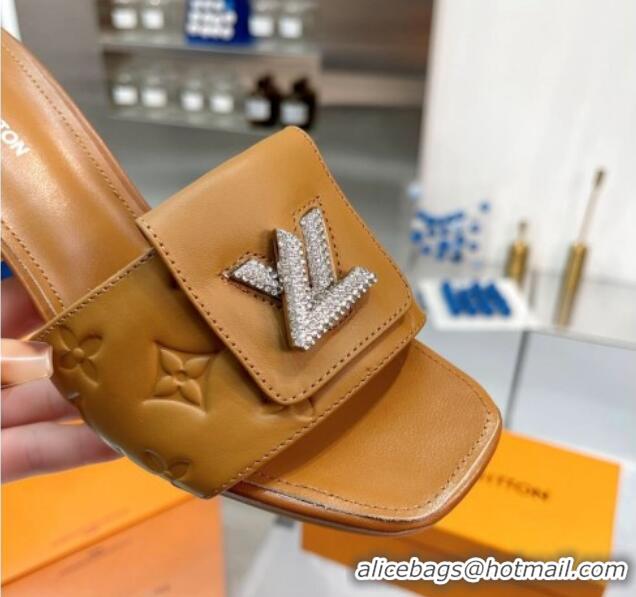 Good Product Louis Vuitton Monogram Leather Heel Slide Sandals with Foldover Crystals LV Brown 1013011