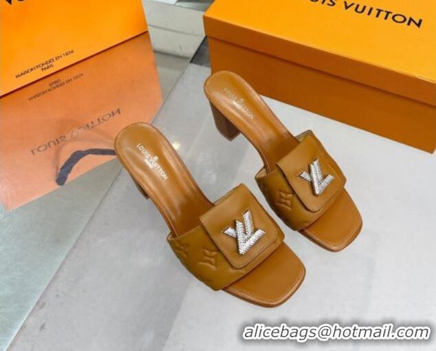 Good Product Louis Vuitton Monogram Leather Heel Slide Sandals with Foldover Crystals LV Brown 1013011