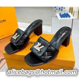 Popular Style Louis Vuitton Monogram Leather Heel Slide Sandals with Foldover Crystals LV Black 013012