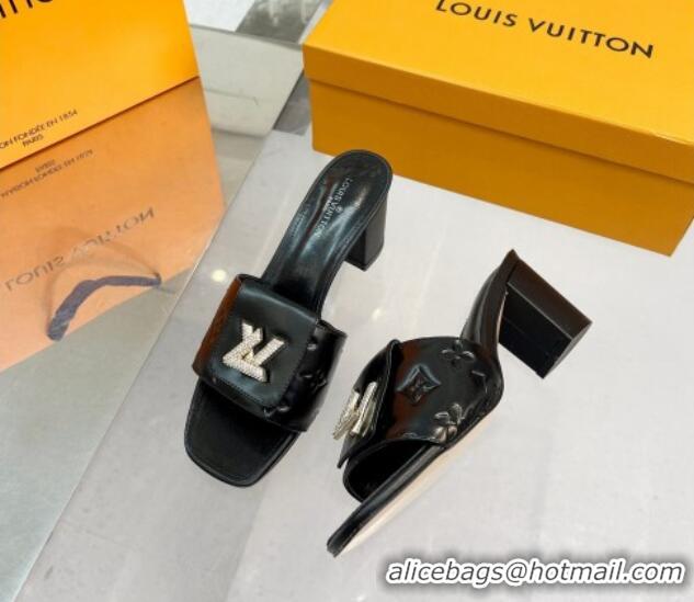 Popular Style Louis Vuitton Monogram Leather Heel Slide Sandals with Foldover Crystals LV Black 013012