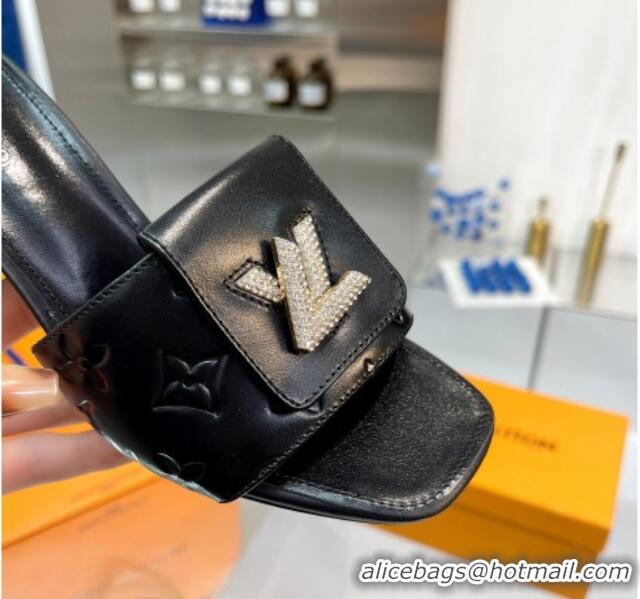 Popular Style Louis Vuitton Monogram Leather Heel Slide Sandals with Foldover Crystals LV Black 013012