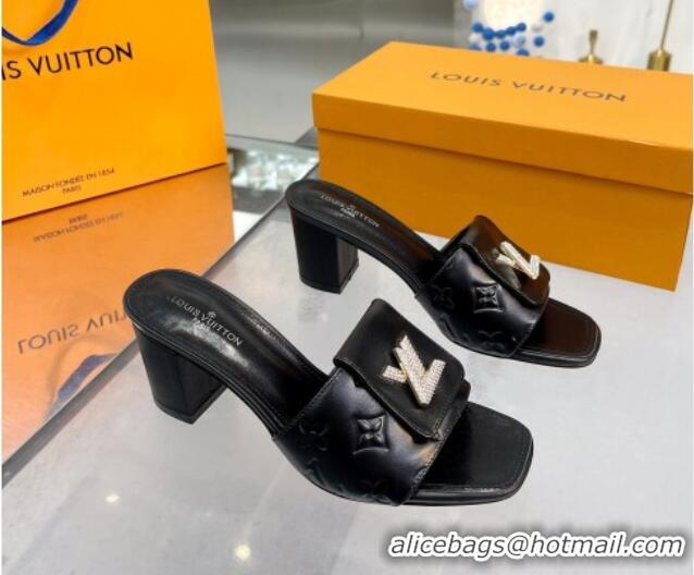 Popular Style Louis Vuitton Monogram Leather Heel Slide Sandals with Foldover Crystals LV Black 013012