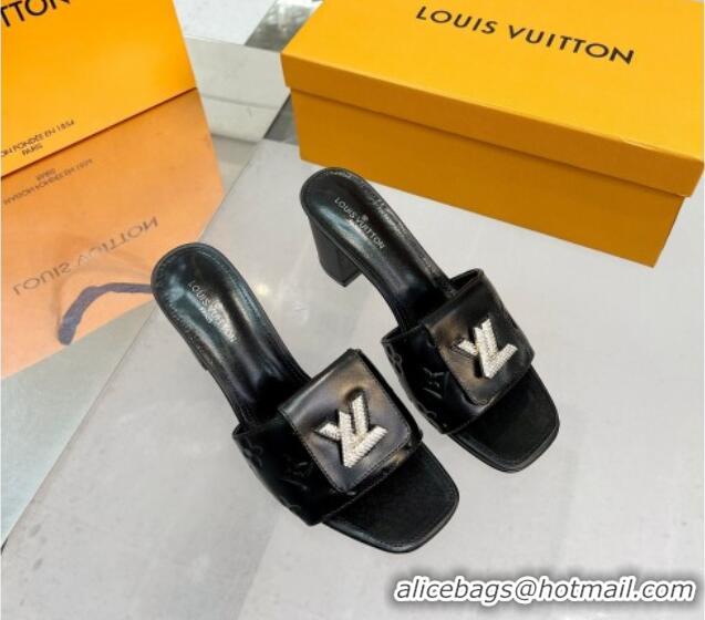 Popular Style Louis Vuitton Monogram Leather Heel Slide Sandals with Foldover Crystals LV Black 013012