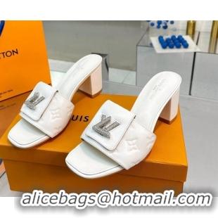 Best Luxury Louis Vuitton Monogram Leather Heel Slide Sandals with Foldover Crystals LV White 1013013