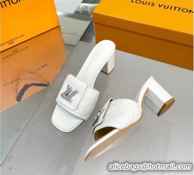 Best Luxury Louis Vuitton Monogram Leather Heel Slide Sandals with Foldover Crystals LV White 1013013