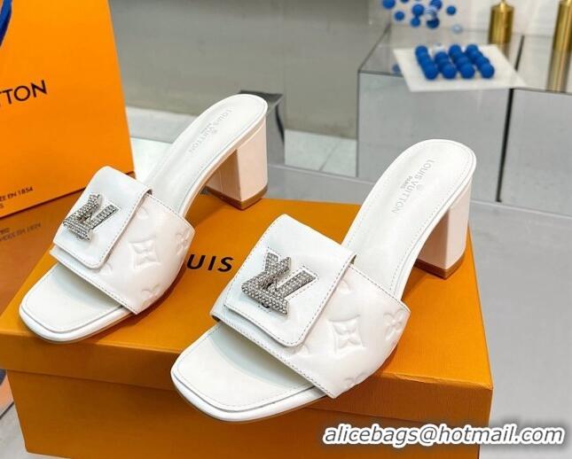 Best Luxury Louis Vuitton Monogram Leather Heel Slide Sandals with Foldover Crystals LV White 1013013