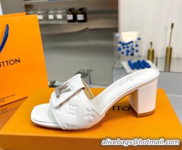 Best Luxury Louis Vuitton Monogram Leather Heel Slide Sandals with Foldover Crystals LV White 1013013