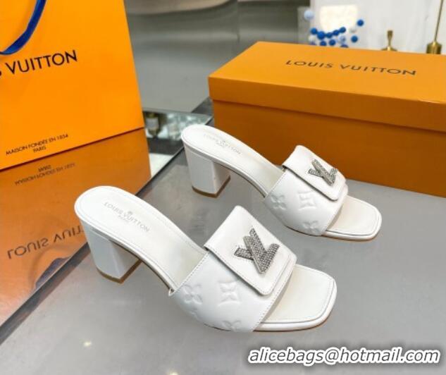 Best Luxury Louis Vuitton Monogram Leather Heel Slide Sandals with Foldover Crystals LV White 1013013