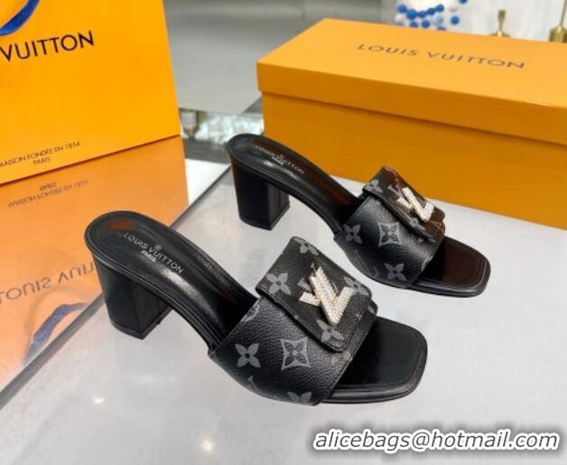 Classic Practical Louis Vuitton Monogram Canvas Heel Slide Sandals with Foldover Crystals LV Black 1013015