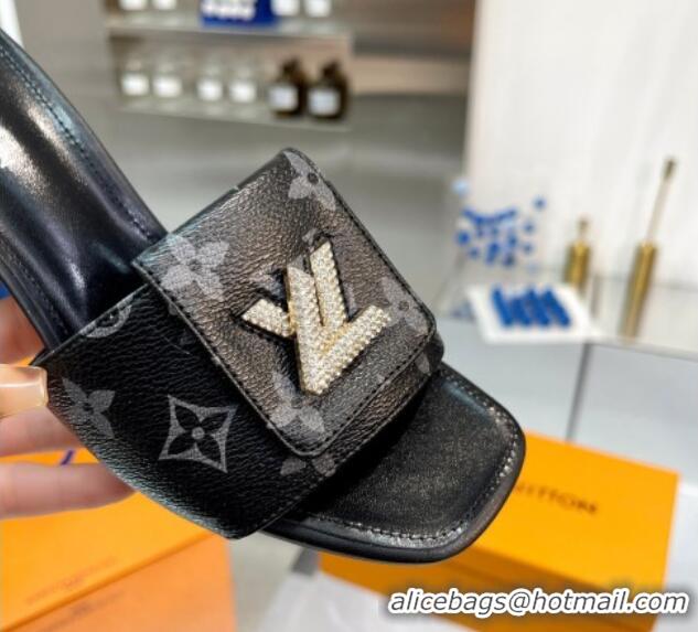 Classic Practical Louis Vuitton Monogram Canvas Heel Slide Sandals with Foldover Crystals LV Black 1013015