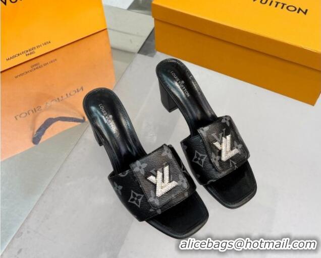 Classic Practical Louis Vuitton Monogram Canvas Heel Slide Sandals with Foldover Crystals LV Black 1013015