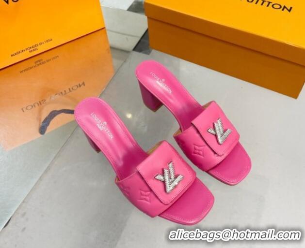 New Design Louis Vuitton Monogram Leather Heel Slide Sandals with Foldover Crystals LV Dark Pink 1013016