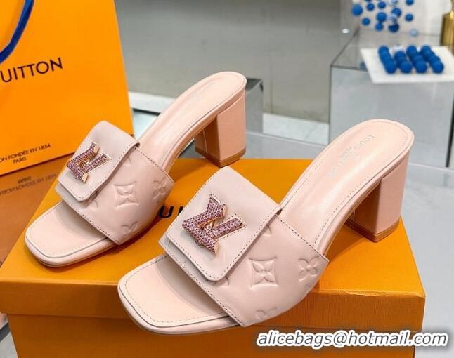 Affordable Price Louis Vuitton Monogram Leather Heel Slide Sandals with Foldover Crystals LV Light Pink 1013017