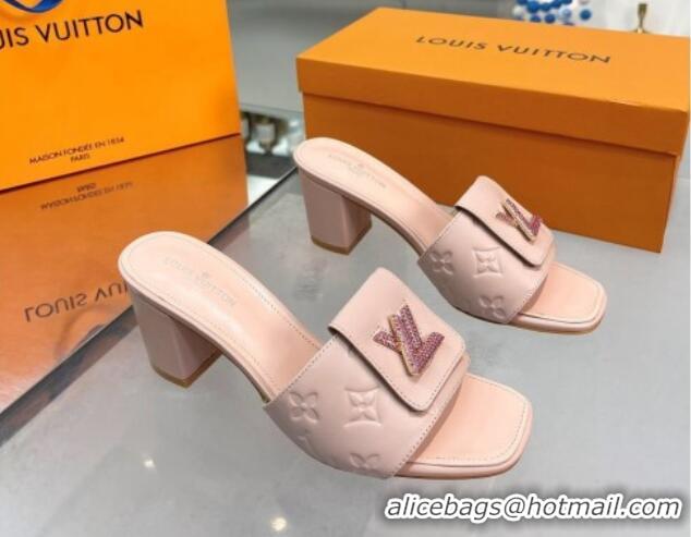 Affordable Price Louis Vuitton Monogram Leather Heel Slide Sandals with Foldover Crystals LV Light Pink 1013017