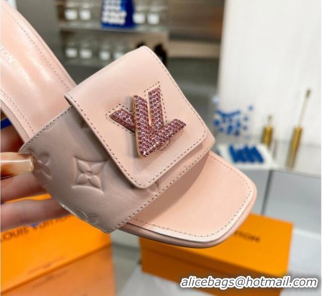 Affordable Price Louis Vuitton Monogram Leather Heel Slide Sandals with Foldover Crystals LV Light Pink 1013017