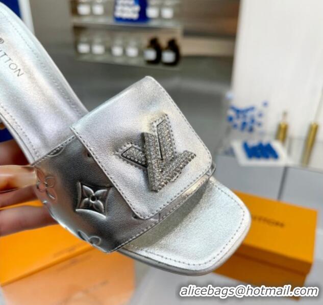 Best Price Louis Vuitton Monogram Leather Heel Slide Sandals with Foldover Crystals LV Silver 1013018