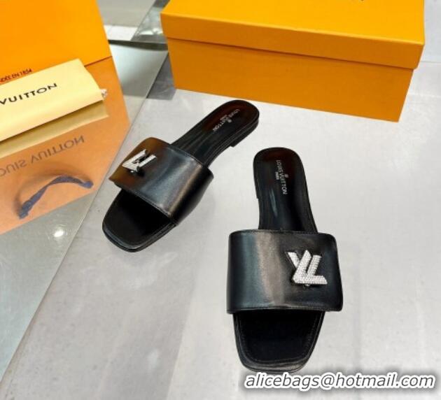 Reasonable Price Louis Vuitton Shake Monogram Canvas Flat Slide Sandals with Crystal LV Twist Black 1013019