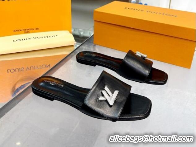 Reasonable Price Louis Vuitton Shake Monogram Canvas Flat Slide Sandals with Crystal LV Twist Black 1013019