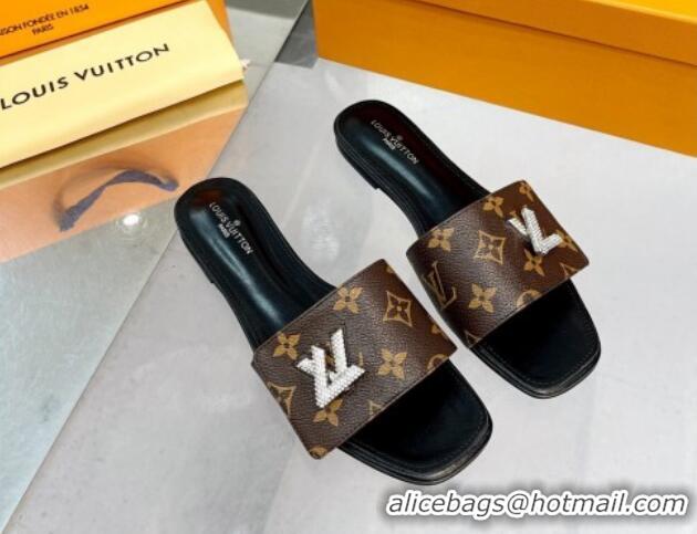 Low Price Louis Vuitton Shake Monogram Canvas Flat Slide Sandals with Crystal LV Twist 1013020