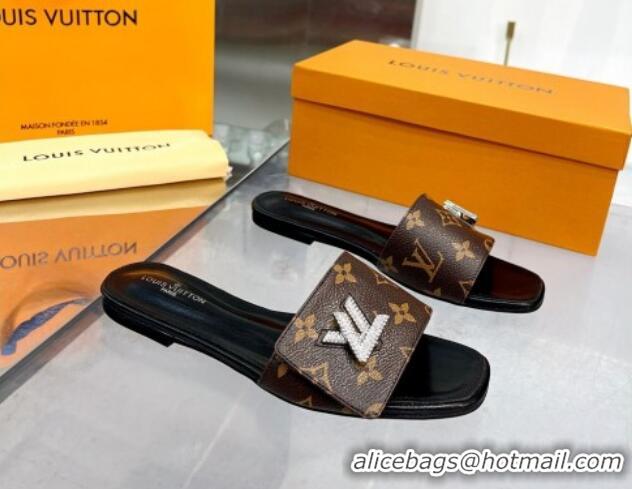 Low Price Louis Vuitton Shake Monogram Canvas Flat Slide Sandals with Crystal LV Twist 1013020