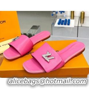 Super Quality Louis Vuitton Shake Leather Flat Slide Sandals with Crystal LV Twist Dark Pink 1013022