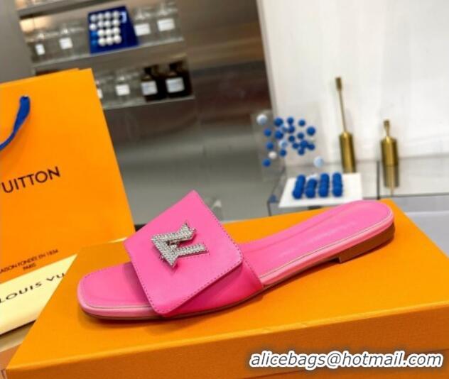 Super Quality Louis Vuitton Shake Leather Flat Slide Sandals with Crystal LV Twist Dark Pink 1013022