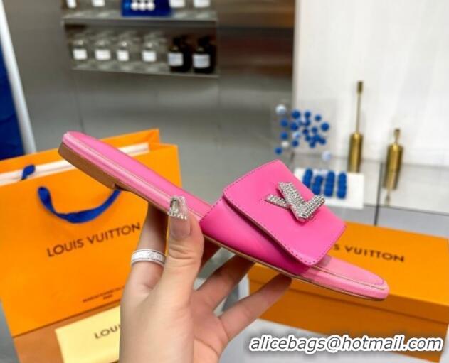 Super Quality Louis Vuitton Shake Leather Flat Slide Sandals with Crystal LV Twist Dark Pink 1013022