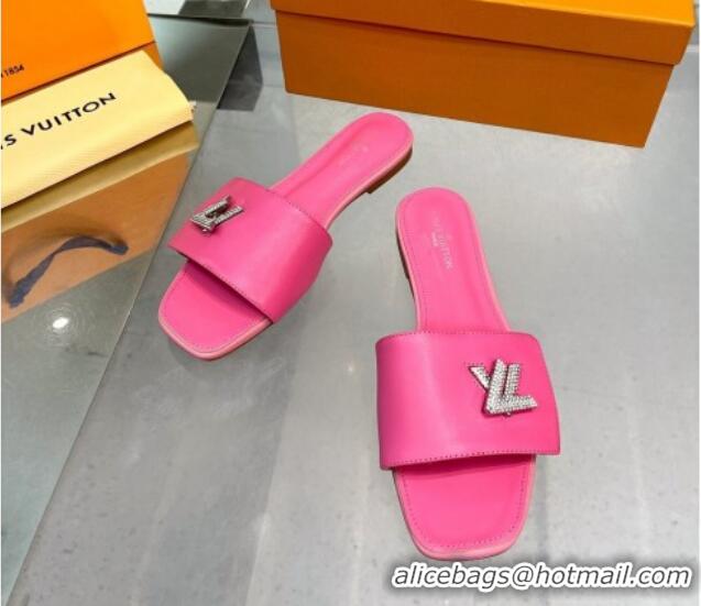 Super Quality Louis Vuitton Shake Leather Flat Slide Sandals with Crystal LV Twist Dark Pink 1013022