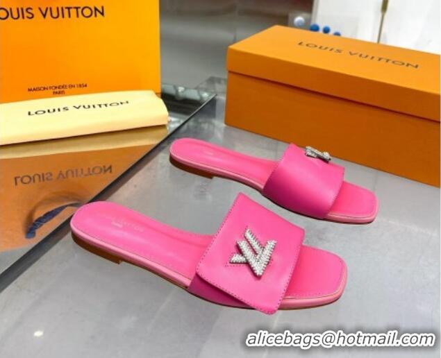 Super Quality Louis Vuitton Shake Leather Flat Slide Sandals with Crystal LV Twist Dark Pink 1013022