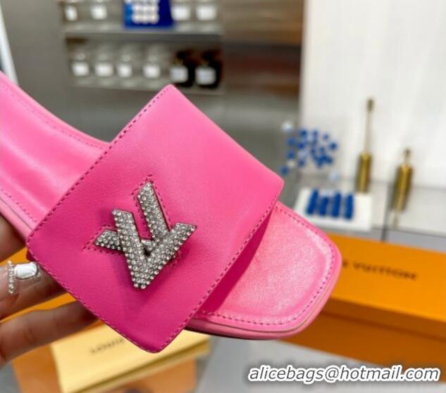 Super Quality Louis Vuitton Shake Leather Flat Slide Sandals with Crystal LV Twist Dark Pink 1013022