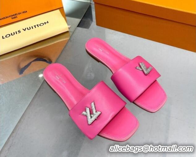 Super Quality Louis Vuitton Shake Leather Flat Slide Sandals with Crystal LV Twist Dark Pink 1013022