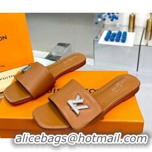 Top Quality Louis Vuitton Shake Leather Flat Slide Sandals with Crystal LV Twist Brown 1013023